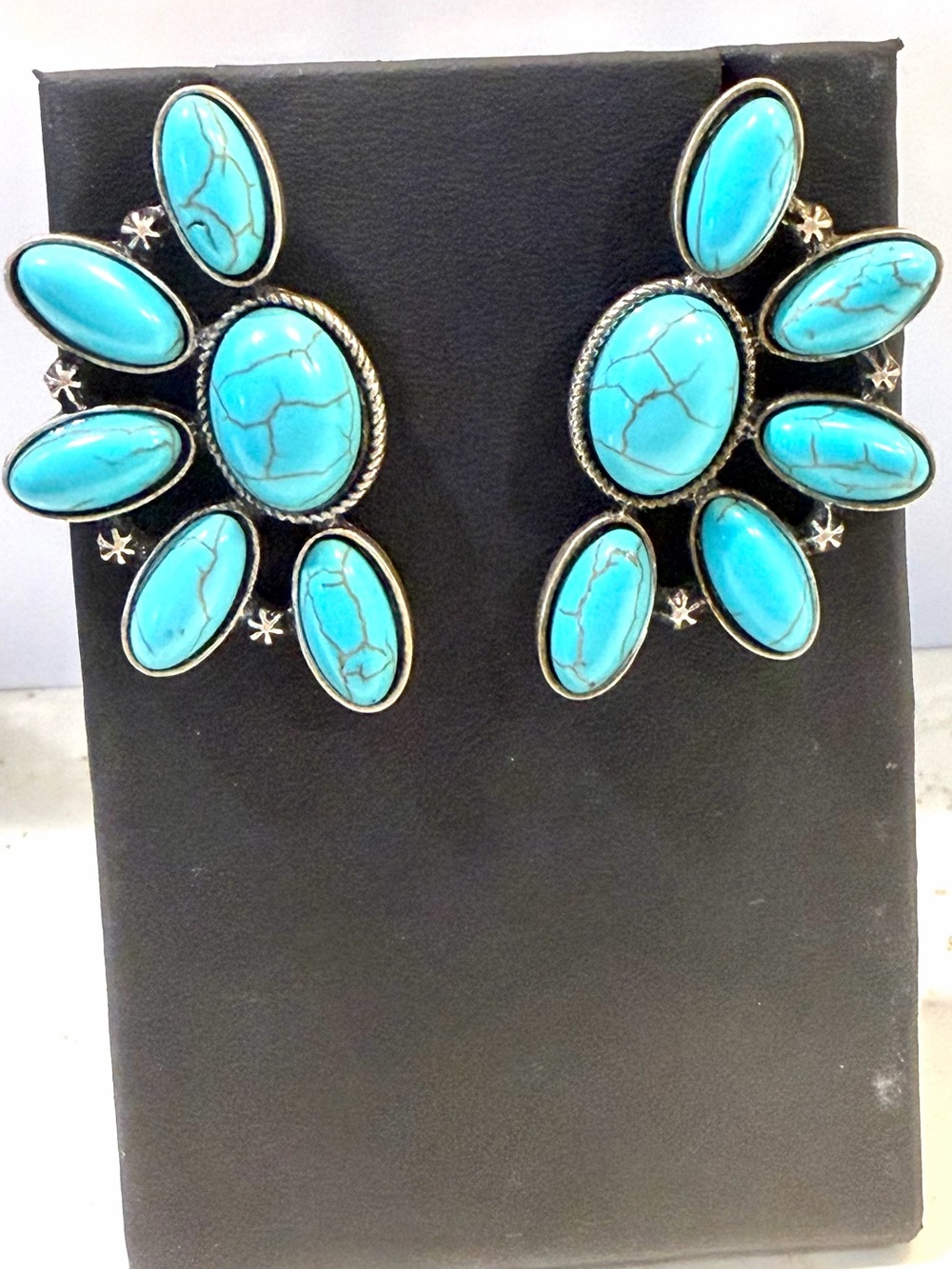 Oversized Western Faux Turquoise Half Cluster Statement Earrings